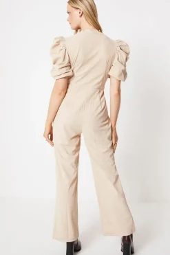 Cord Scallop Edge Puff Sleeve Jumpsuit
