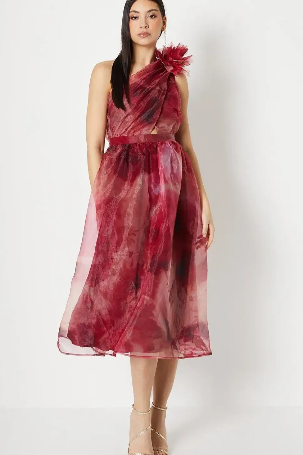 Corsage Trim Organza Strapless Midi Dress