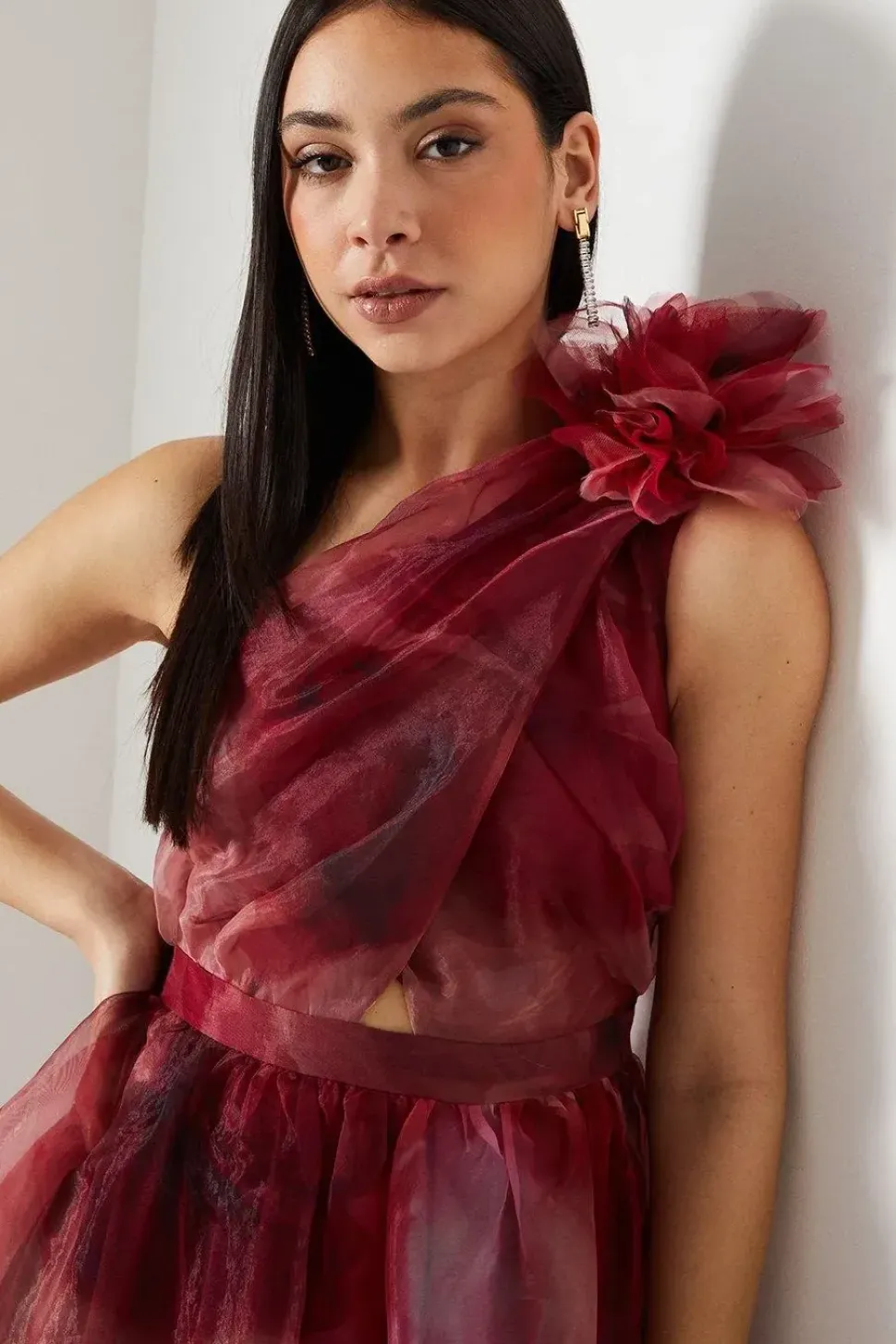 Corsage Trim Organza Strapless Midi Dress