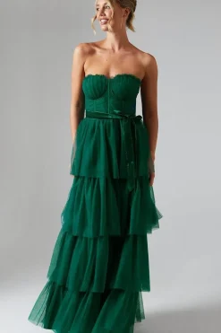 Corset Bodice Tiered Tulle Skirt Maxi Dress