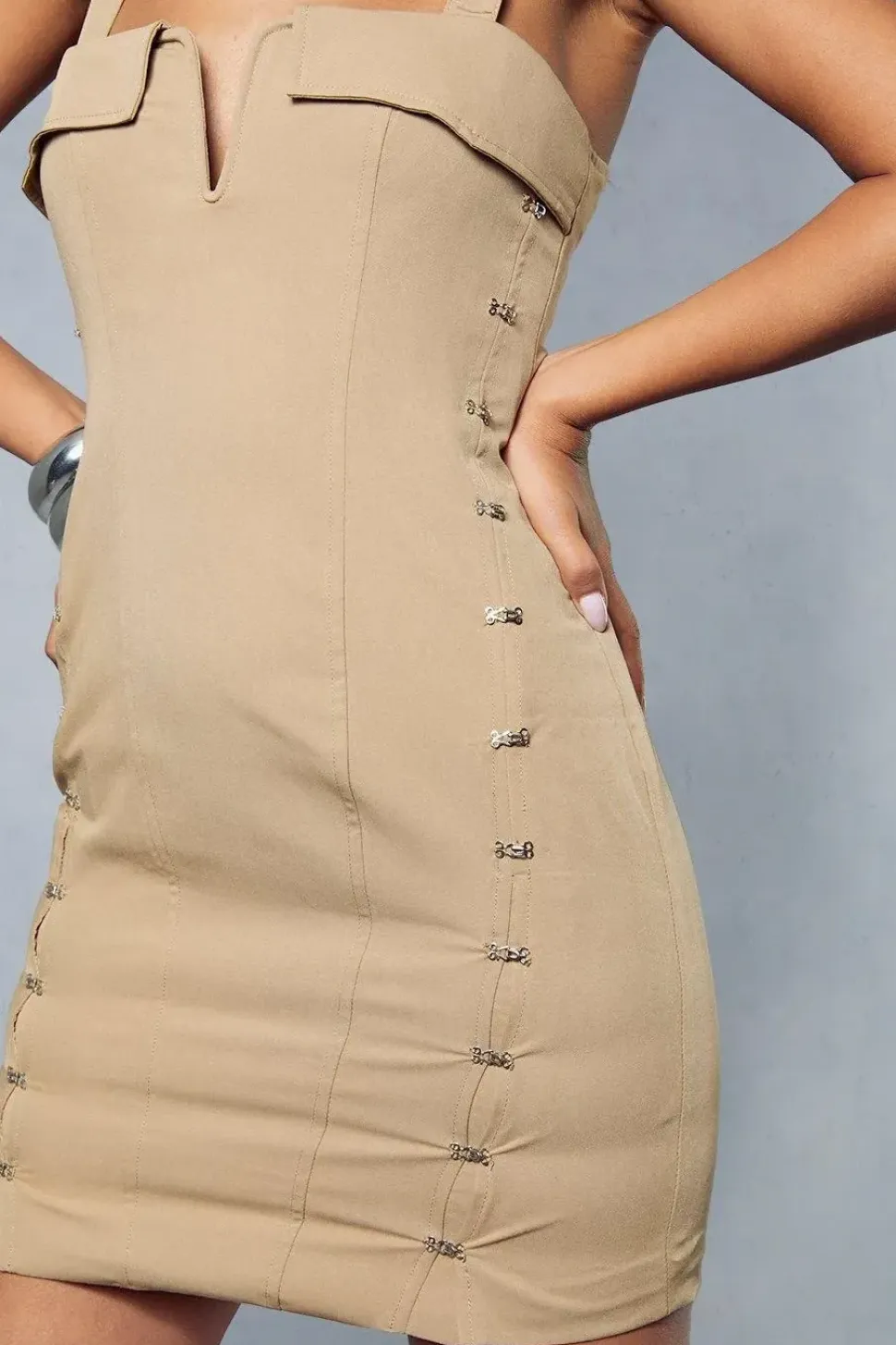 Corseted V Bar Hook & Eye Trim Bodycon Mini Dress