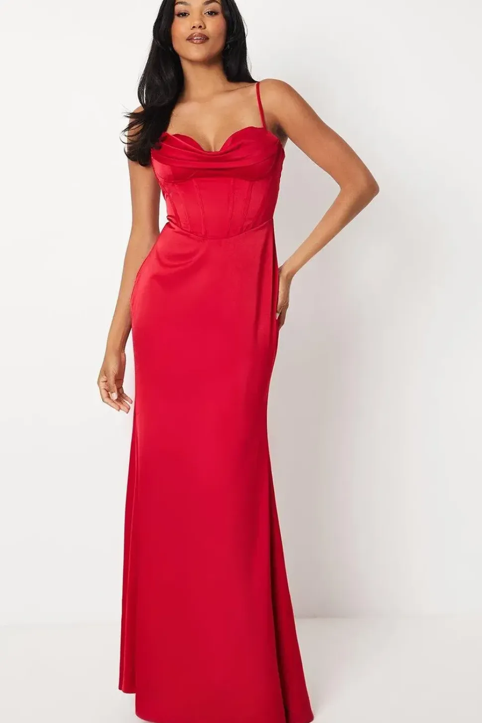 Corset Satin Cowl Front Fishtail Maxi Dress