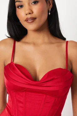 Corset Satin Cowl Front Fishtail Maxi Dress