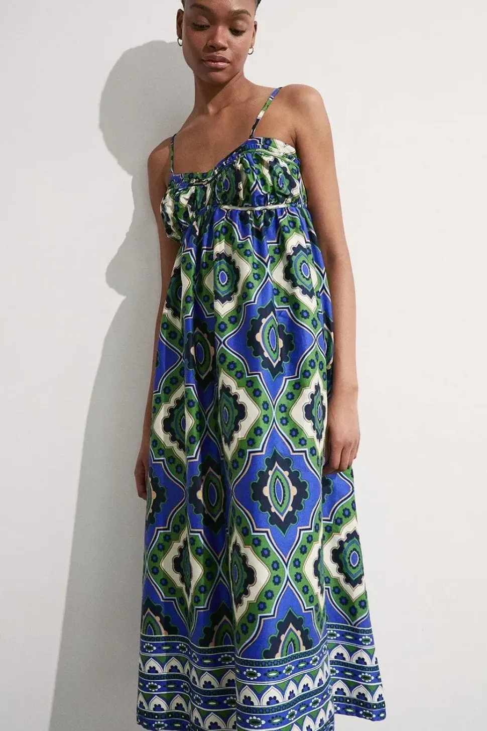 Cotton Border Print Strappy Maxi Dress