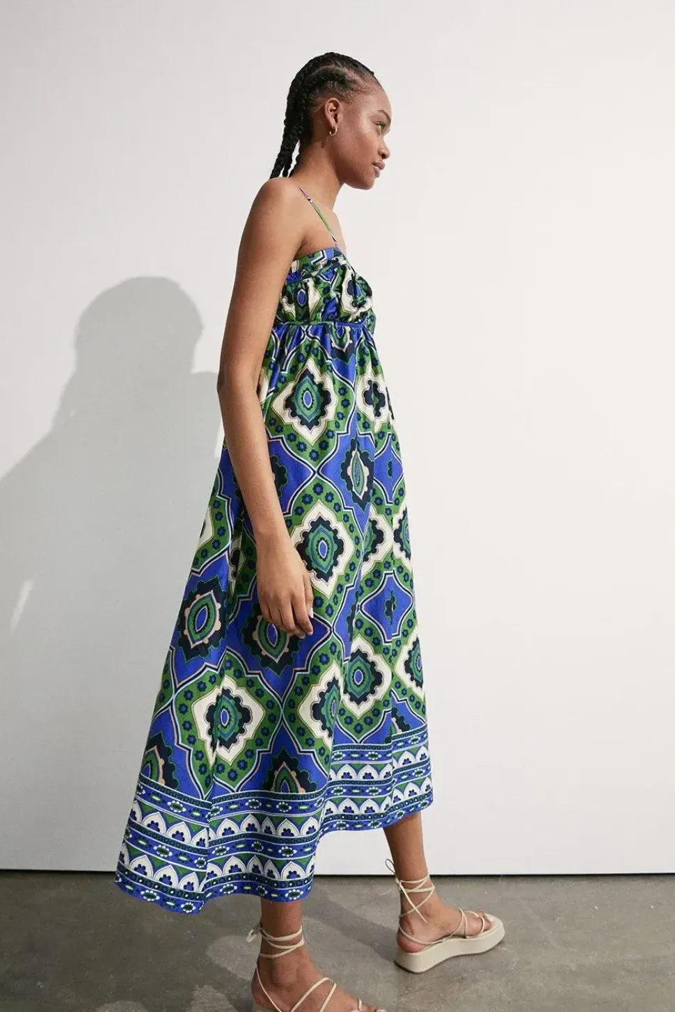 Cotton Border Print Strappy Maxi Dress