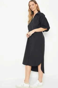 Cotton Cutwork Detail Puff Sleeve Midi Shirt Dress