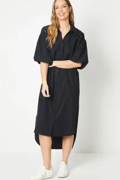 Cotton Cutwork Detail Puff Sleeve Midi Shirt Dress