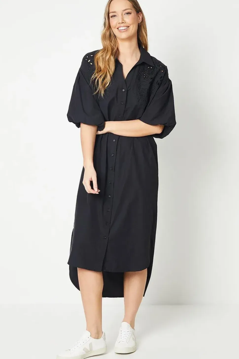 Cotton Cutwork Detail Puff Sleeve Midi Shirt Dress