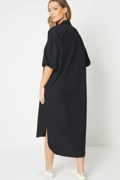 Cotton Cutwork Detail Puff Sleeve Midi Shirt Dress