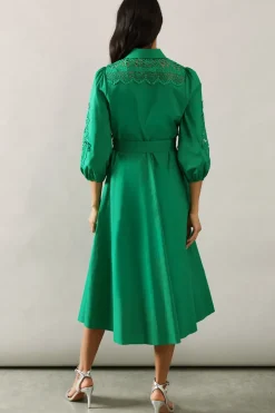 COTTON CUTWORK DETAIL SHIRT DRESS