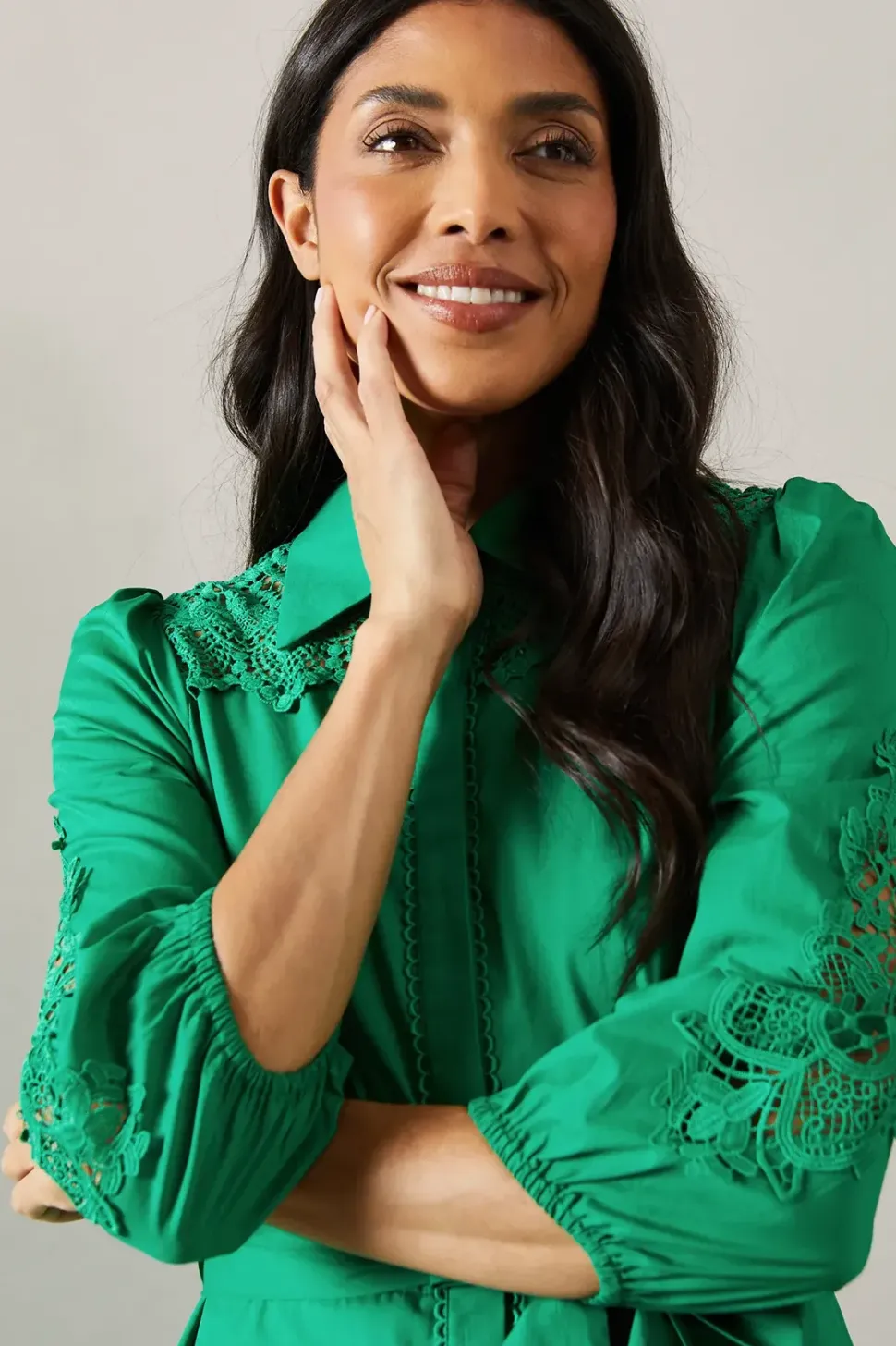 COTTON CUTWORK DETAIL SHIRT DRESS