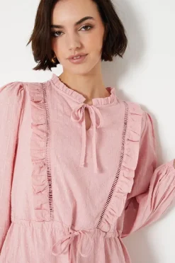 Cotton Dobby Ruffle Tie Waist Mini Dress