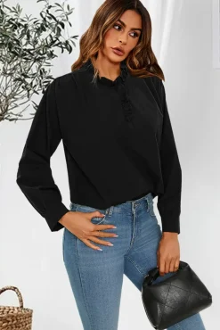 Cotton Frill High Neck Long Sleeve Blouse In Black