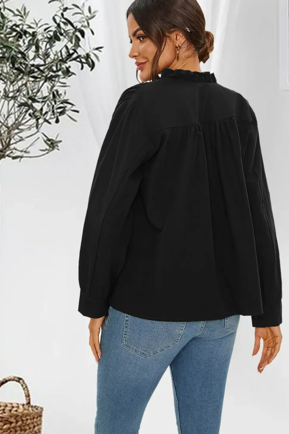 Cotton Frill High Neck Long Sleeve Blouse In Black