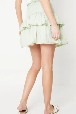 Cotton Lace Trim Shirred Tiered Mini Skirt