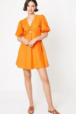 Cotton Poplin Knot Front Puff Sleeve Mini Dress