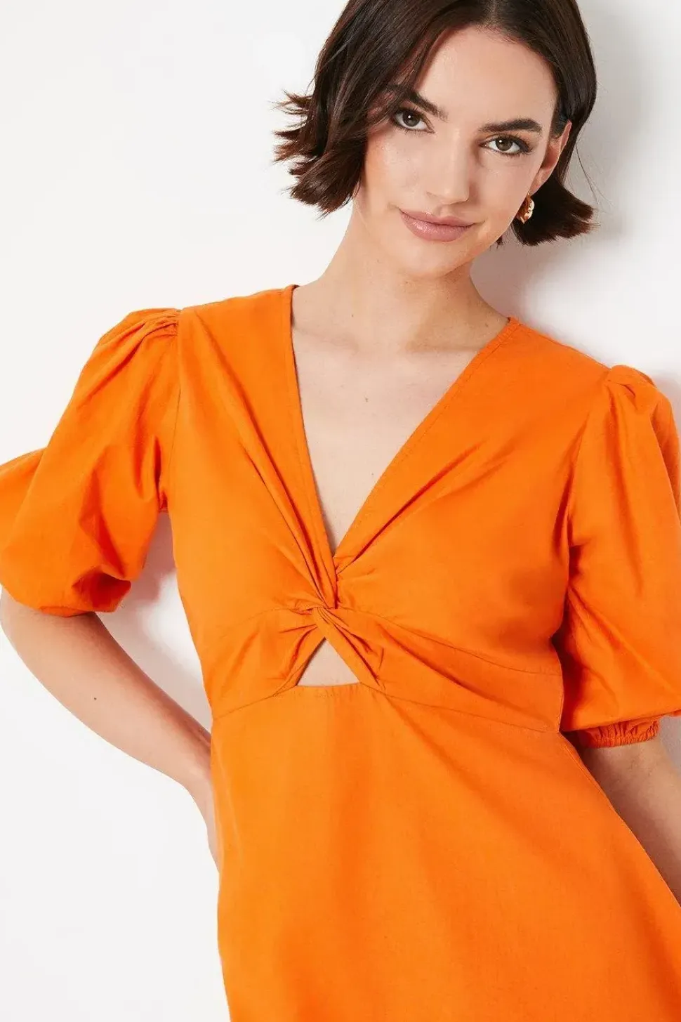 Cotton Poplin Knot Front Puff Sleeve Mini Dress
