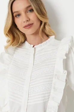 Cotton Poplin Pintuck Lace Trim Button Through Top