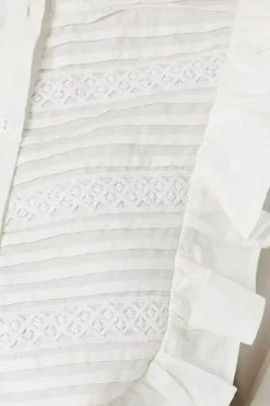 Cotton Poplin Pintuck Lace Trim Button Through Top