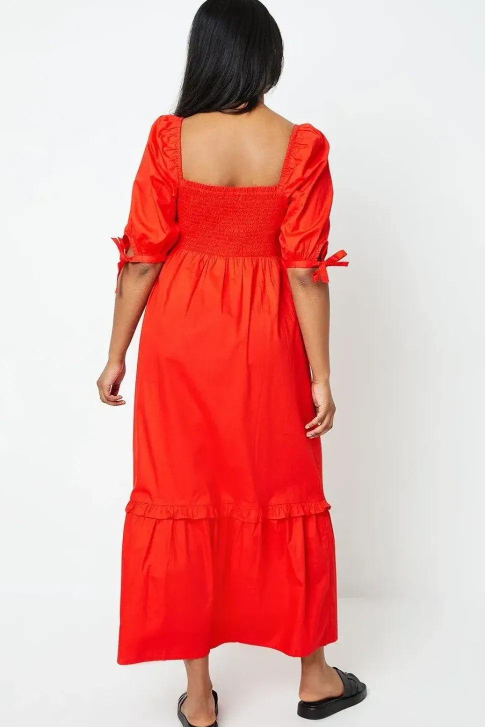 Cotton Poplin Shirred Midi Dress