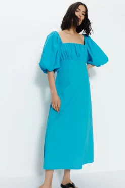 Cotton Puff Sleeve Ruched Bodice Midi Dress