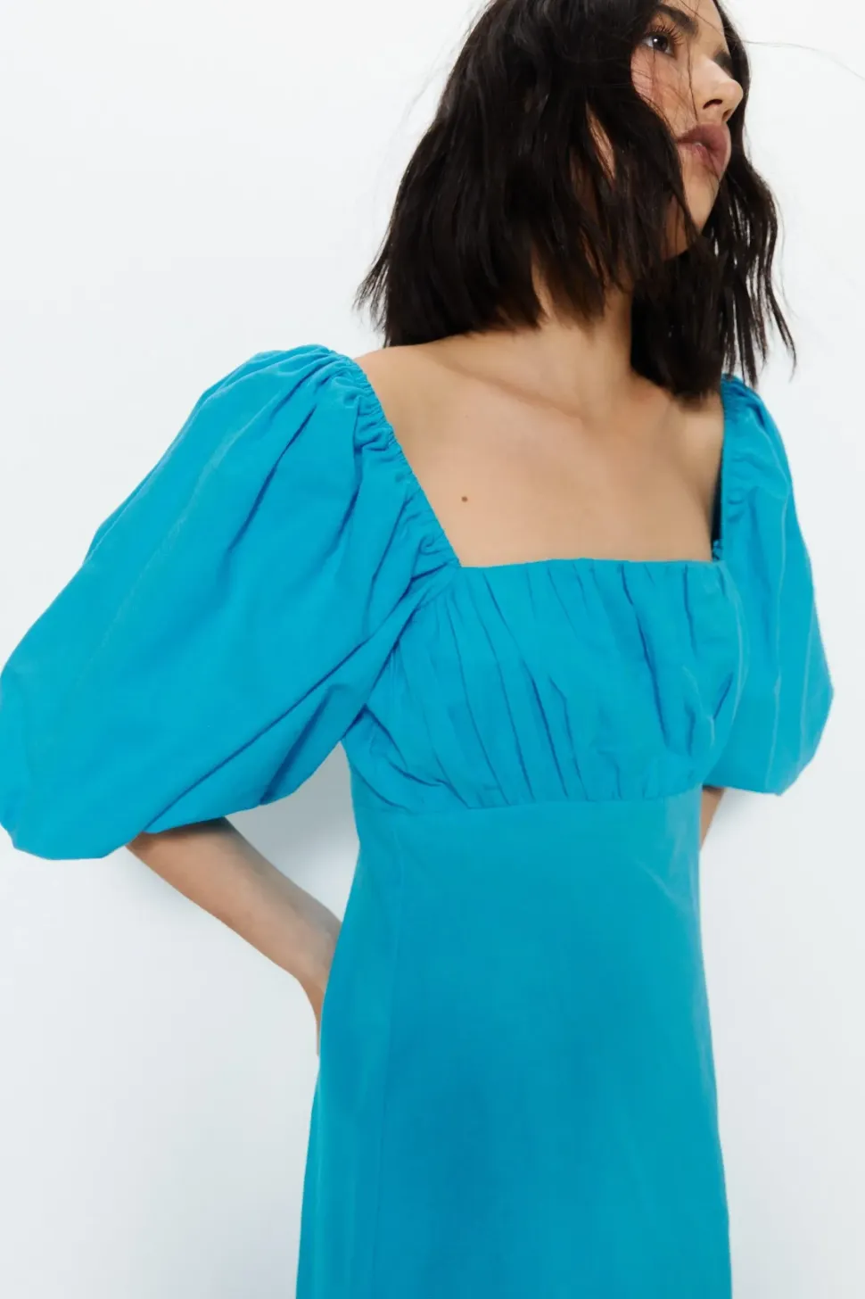 Cotton Puff Sleeve Ruched Bodice Midi Dress
