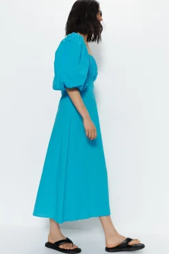 Cotton Puff Sleeve Ruched Bodice Midi Dress