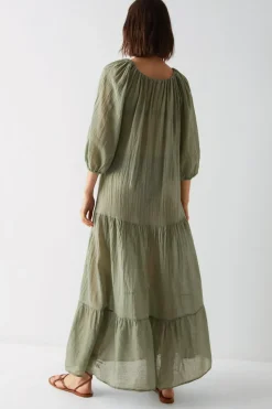 Cotton Ruched Neck Balloon Sleeve Tiered Maxi Beach Dress
