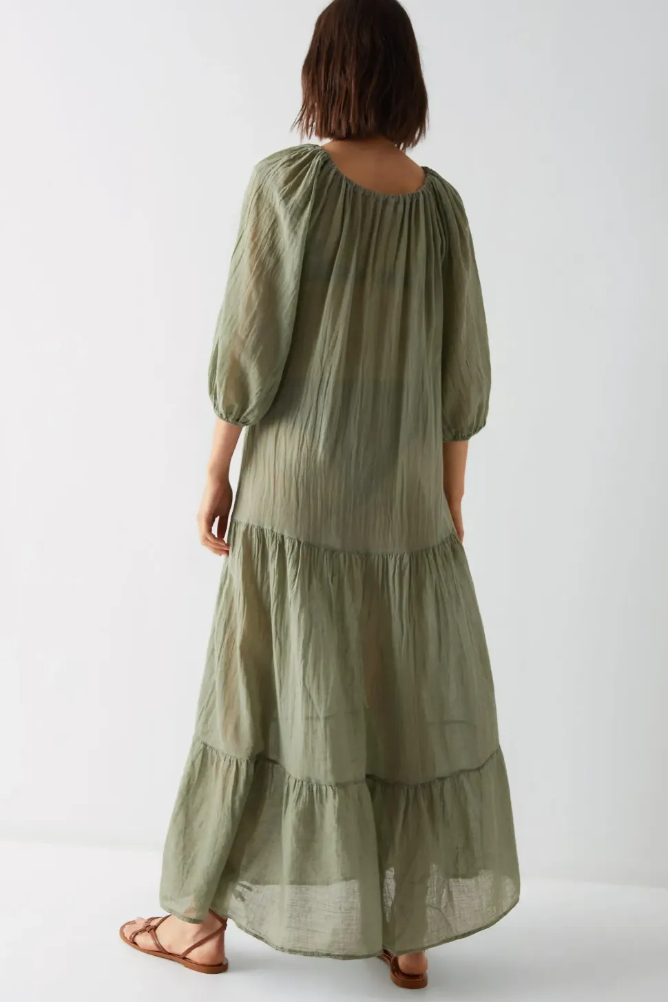 Cotton Ruched Neck Balloon Sleeve Tiered Maxi Beach Dress