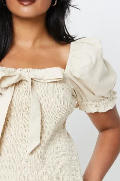 Cotton Shirred Bodice Top With Tie