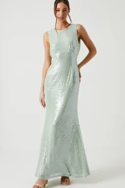 Cowl Back Sheer Sequin Bridesmaid Dress