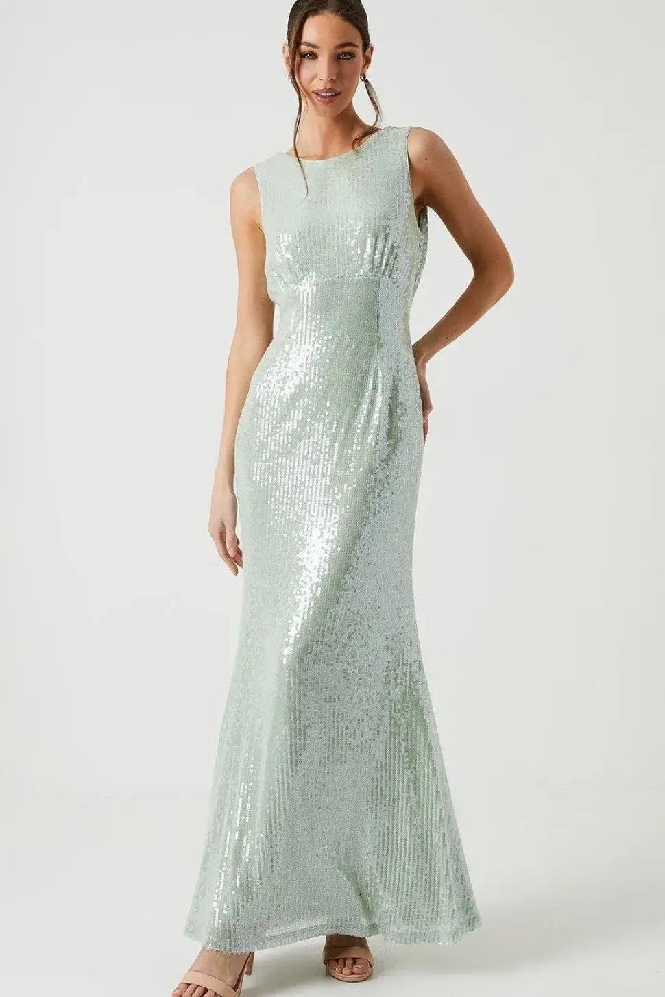 Cowl Back Sheer Sequin Bridesmaid Dress