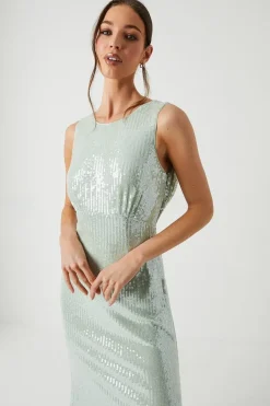 Cowl Back Sheer Sequin Bridesmaid Dress