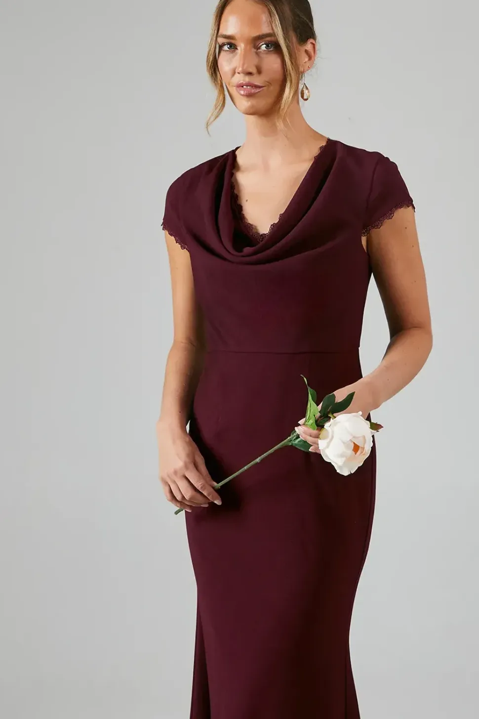 Cowl Front Lace Trim Maxi Bridesmaid Dress
