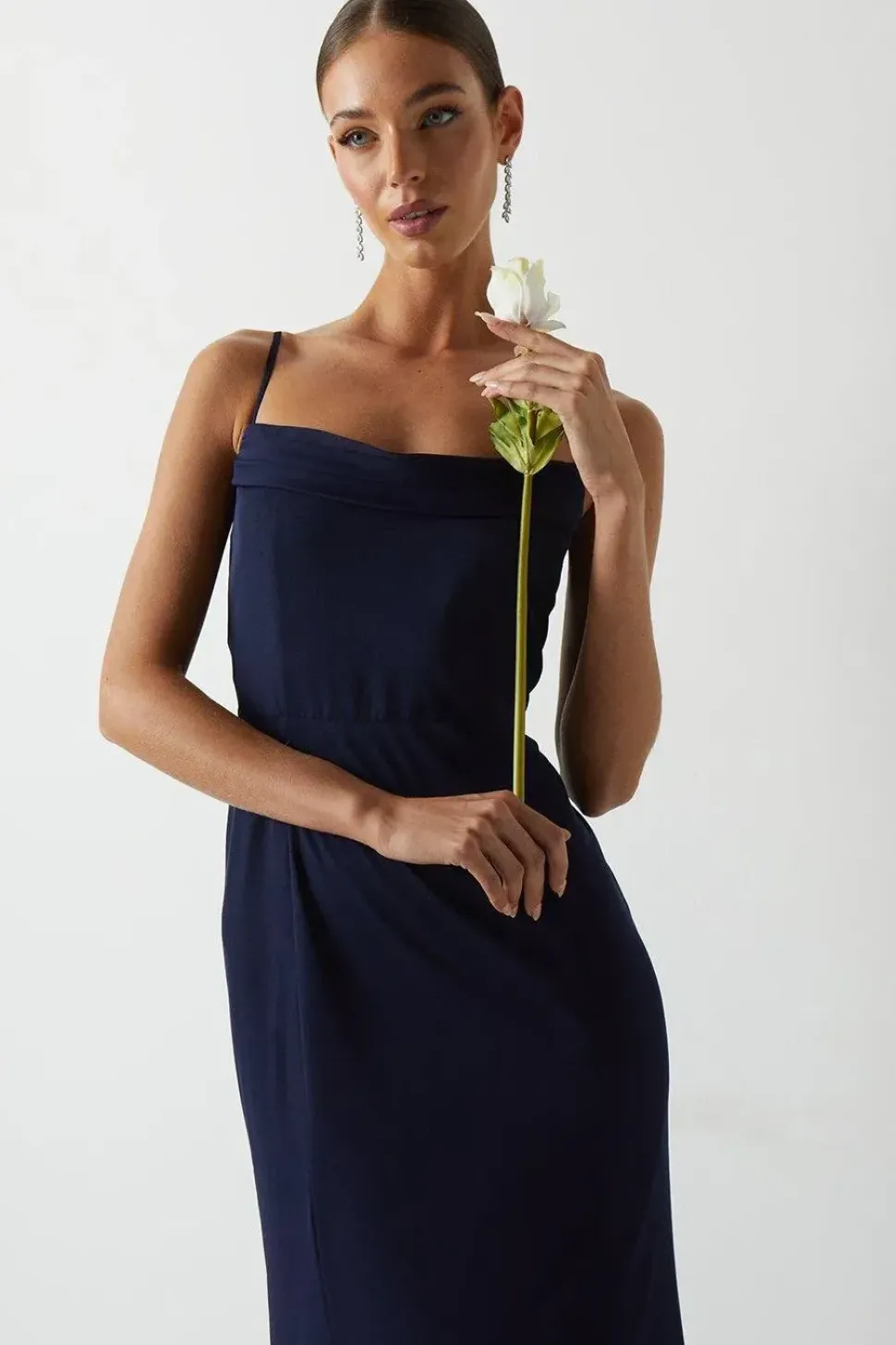 Cowl Front Stretch Mesh Bridesmaid Maxi Dress