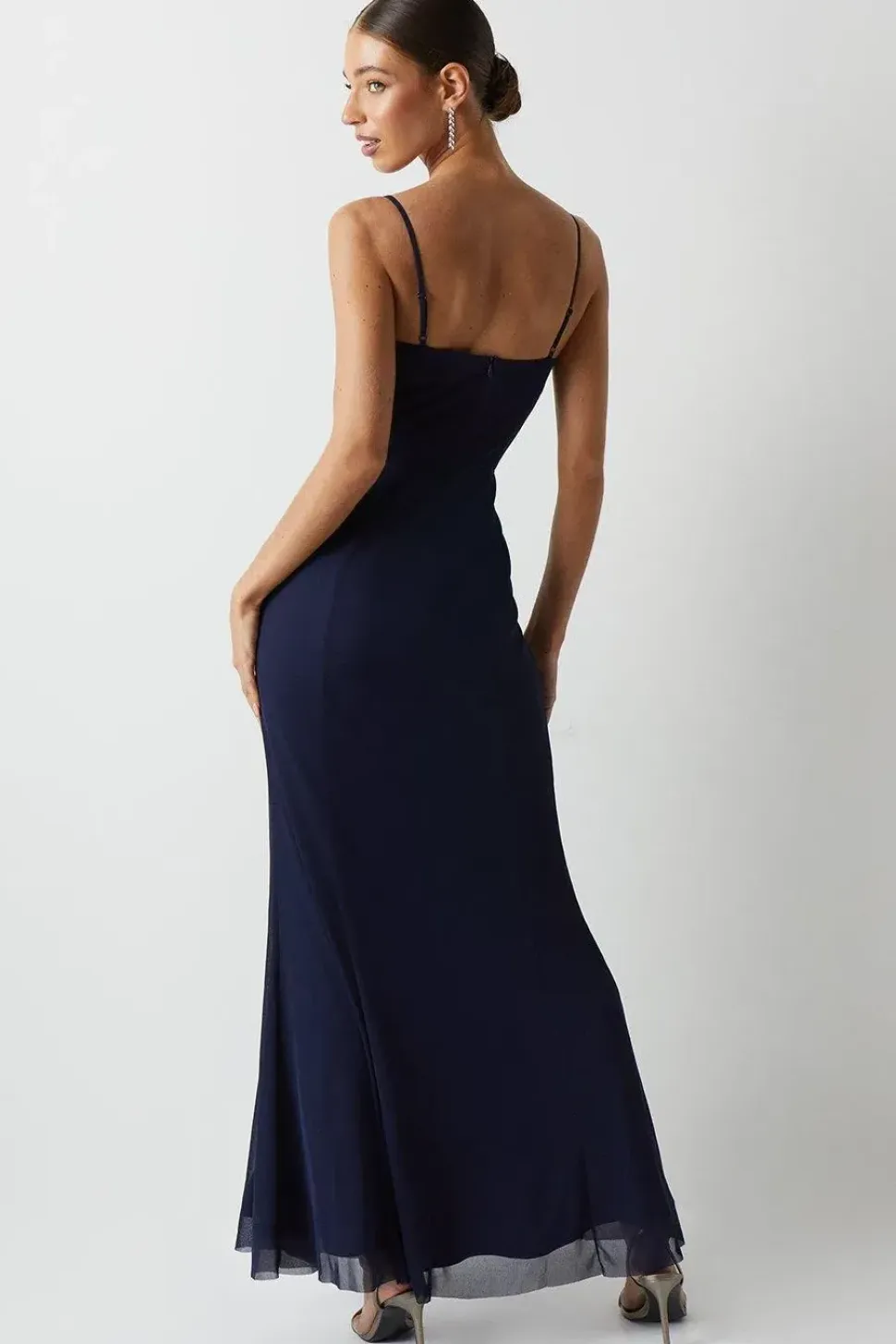 Cowl Front Stretch Mesh Bridesmaid Maxi Dress