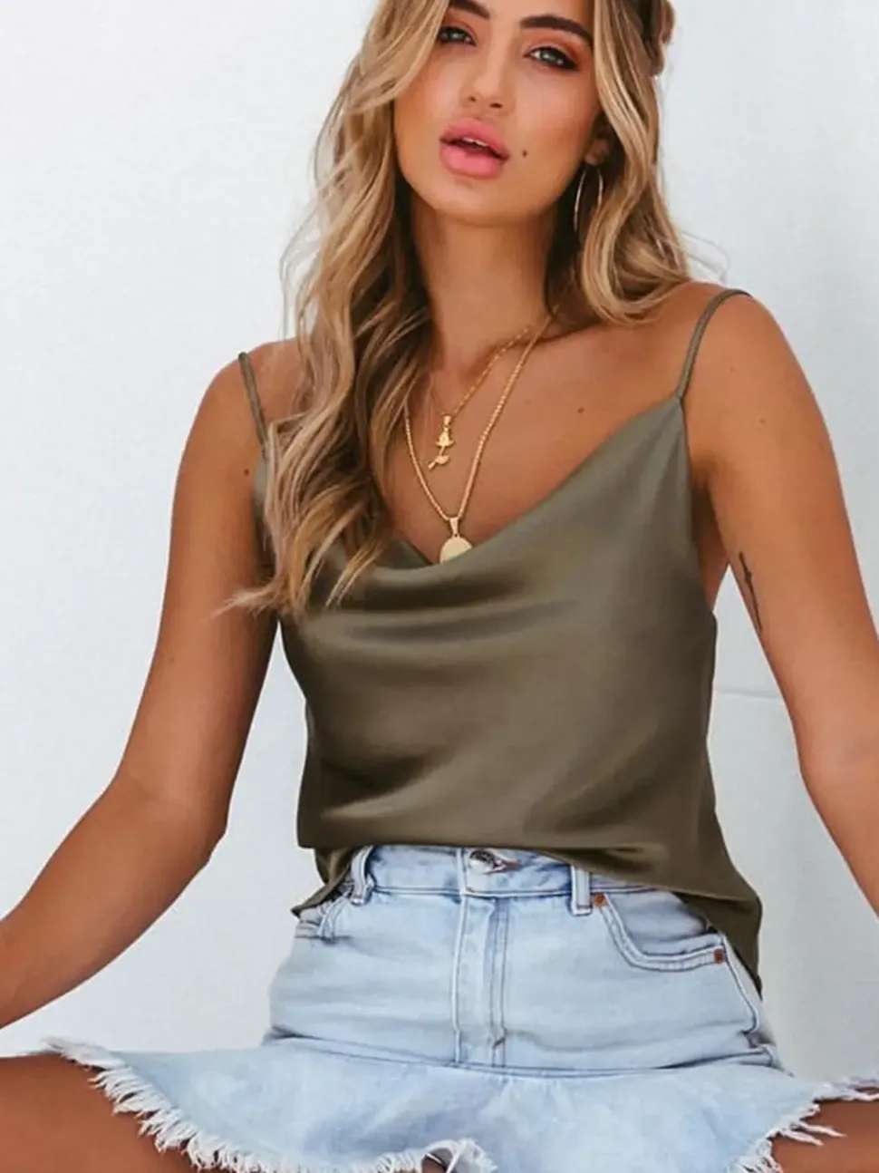 Cowl Neck Cami Top in Khaki