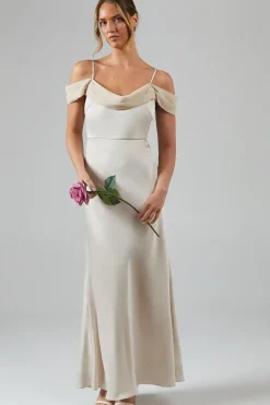 Cowl Neck Cold Shoulder Satin Bridesmaid Dress