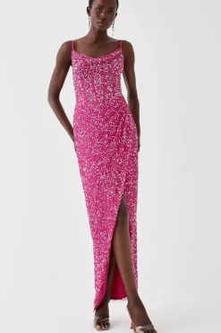 Cowl Neck Corset Bodice Sequin Maxi Dress