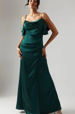 Cowl Neck Ruffle Detail Satin Bridesmaid Dress