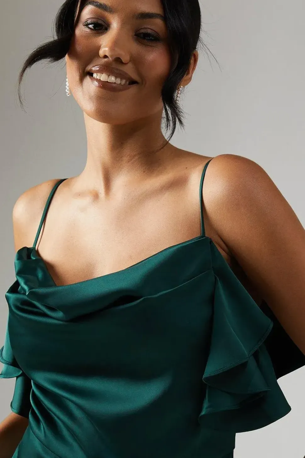 Cowl Neck Ruffle Detail Satin Bridesmaid Dress