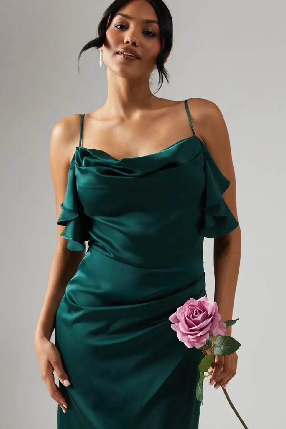 Cowl Neck Ruffle Detail Satin Bridesmaid Dress