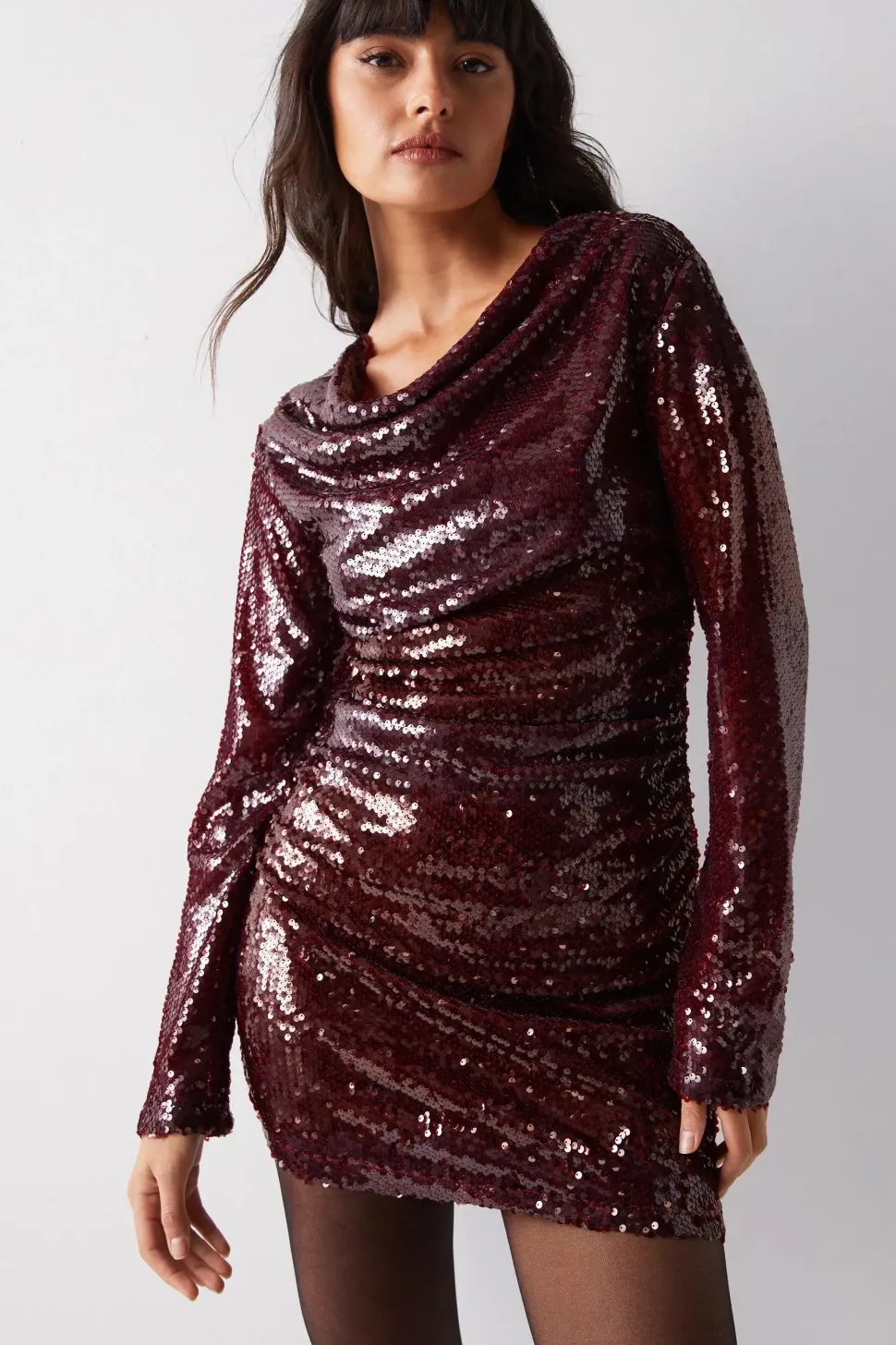 Cowl Neck Sequin Long Sleeve Dress