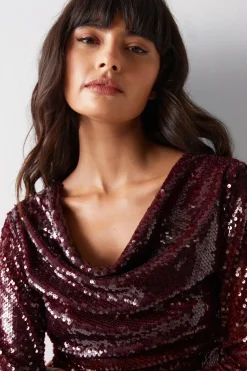 Cowl Neck Sequin Long Sleeve Dress