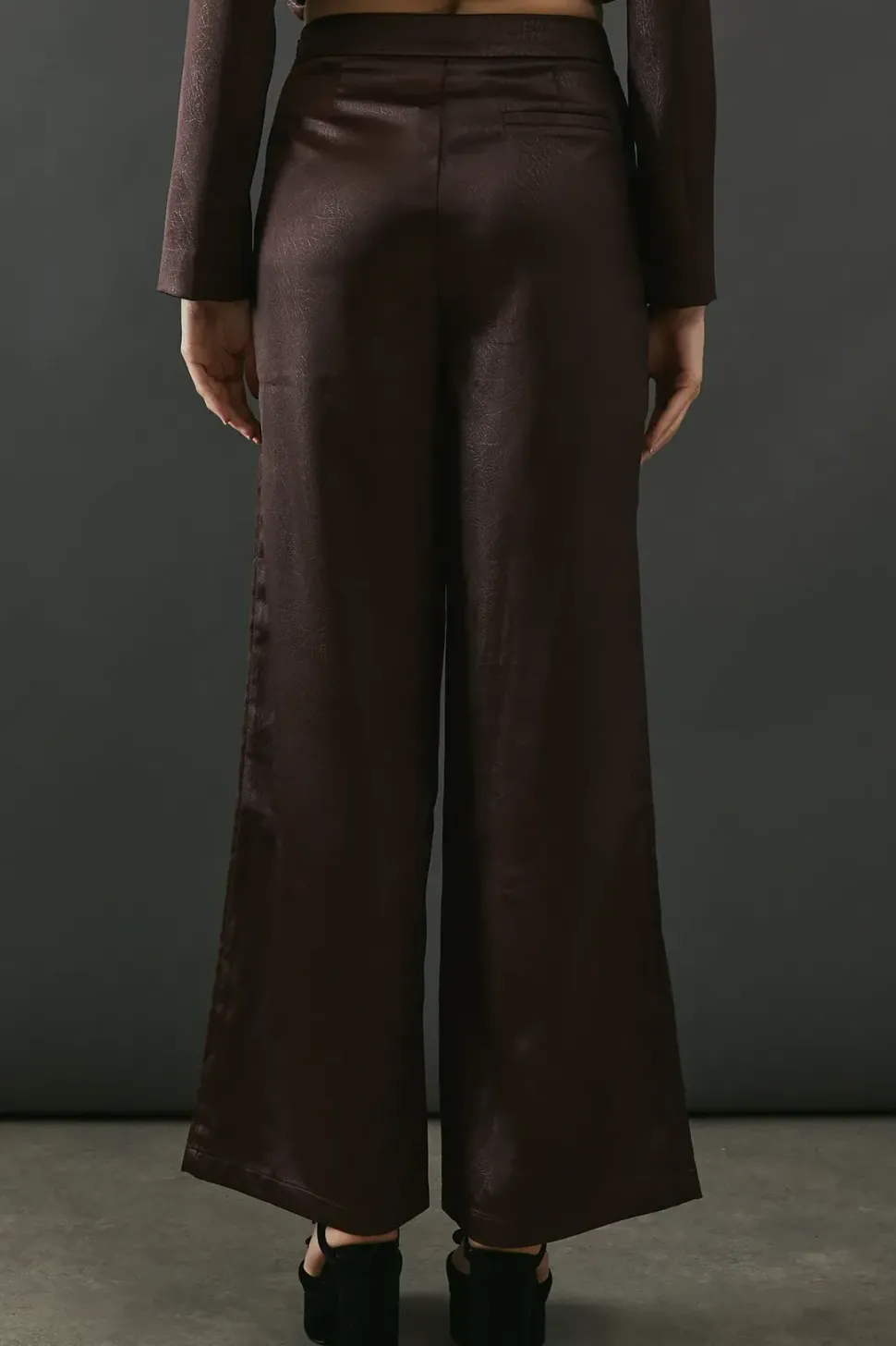Crackled Satin High Waisted Wide Leg Trouser