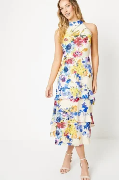 Cream Floral Satin Jacquard Halterneck Midi Dress
