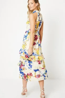 Cream Floral Satin Jacquard Halterneck Midi Dress