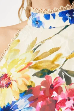 Cream Floral Satin Jacquard Halterneck Midi Dress