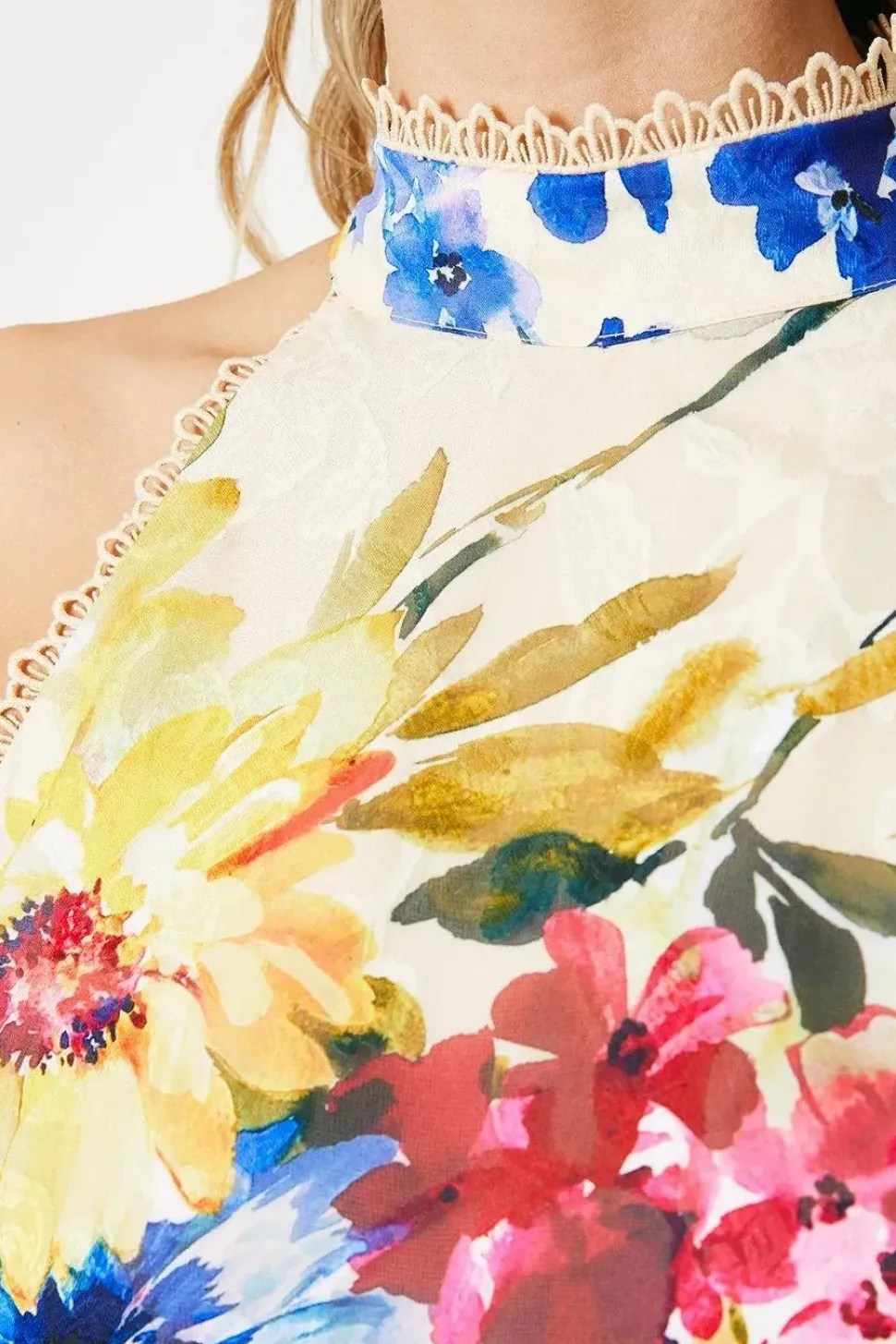 Cream Floral Satin Jacquard Halterneck Midi Dress