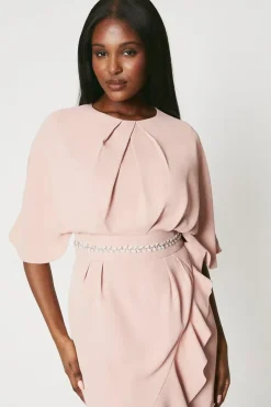 Crepe Frill Wrap Dress With Pearl Waist